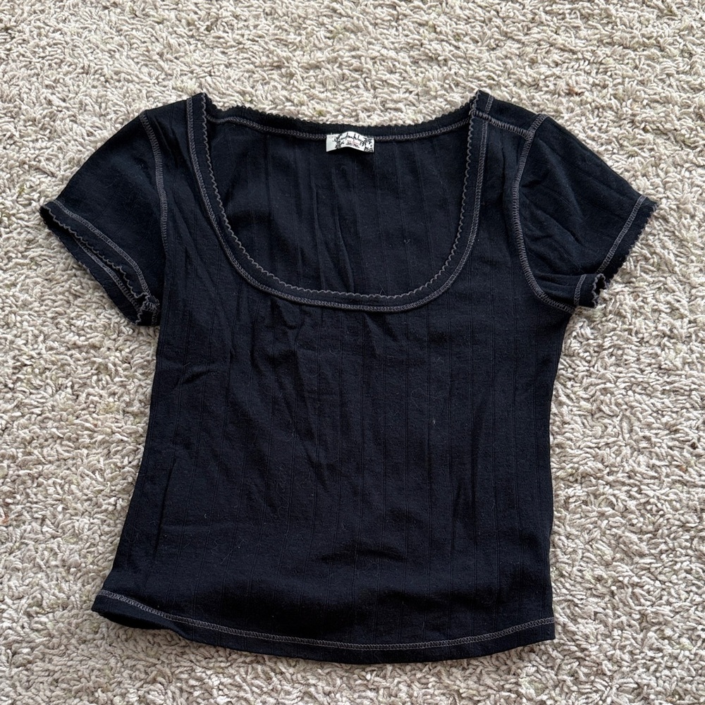 Free People Black End Game Pointelle Short Sleeve Baby Tee